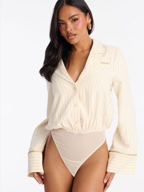 Fashion Nova Cream Pinstripe Button-Front Bodysuit